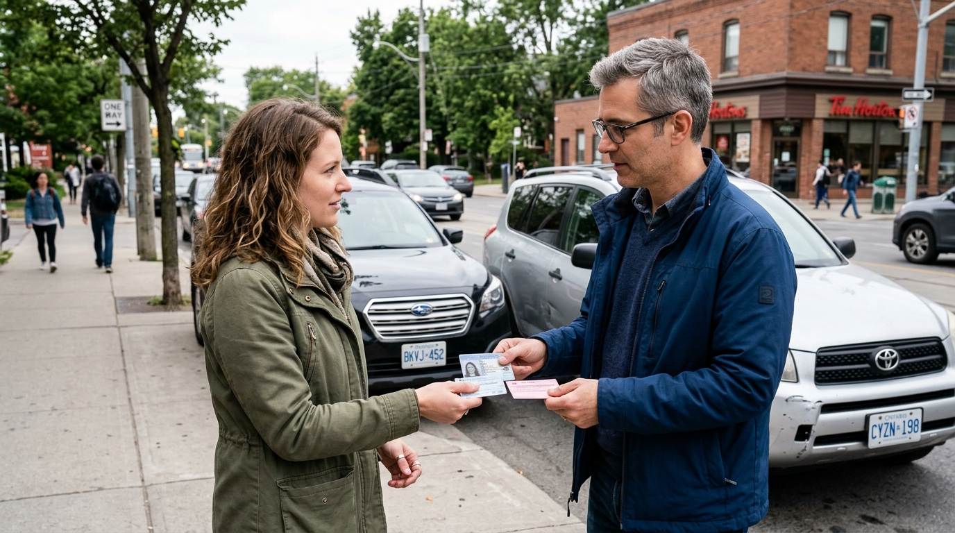 Ontario drivers exchanging driver license and pink insurance slip information